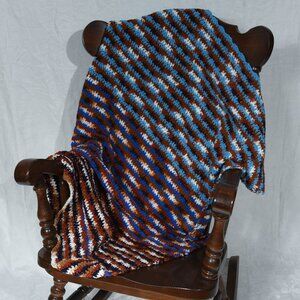 New, hand crocheted afghan throw blanket in blues, brown & black 39" x 52"
